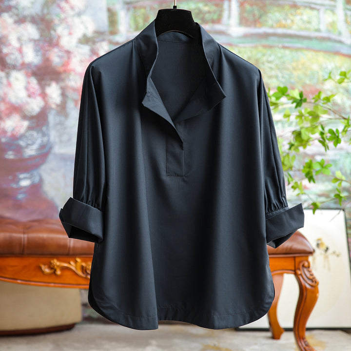 Damen Elegante und fließende Bluse mit Stehkragen Drune