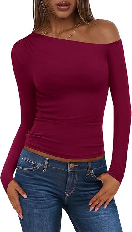 Damen Schulterfreies, figurnahes Ripp-Langarmtop mit asymmetrischem Ein-Schulter-Schnitt Drune