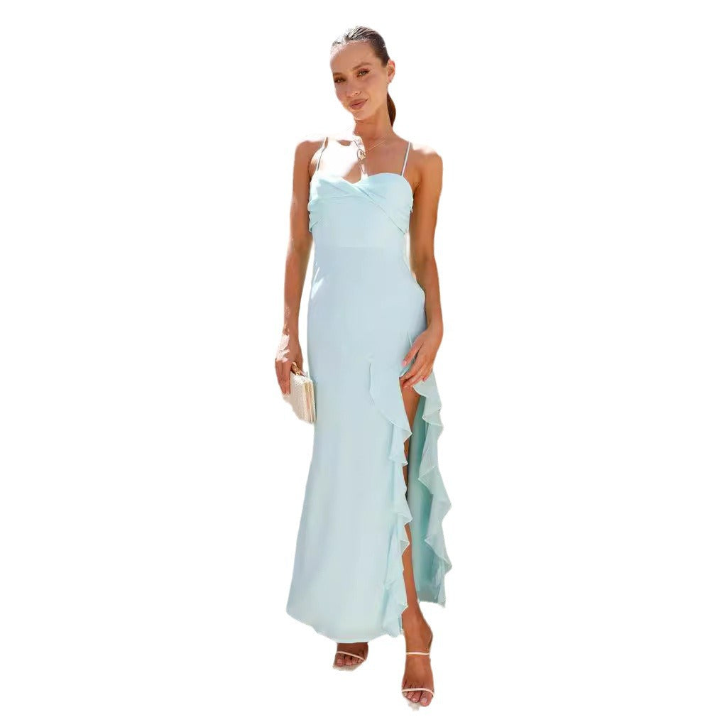 Damen Langarm Maxikleid mit Rüschendetails und hohem Schlitz Drune