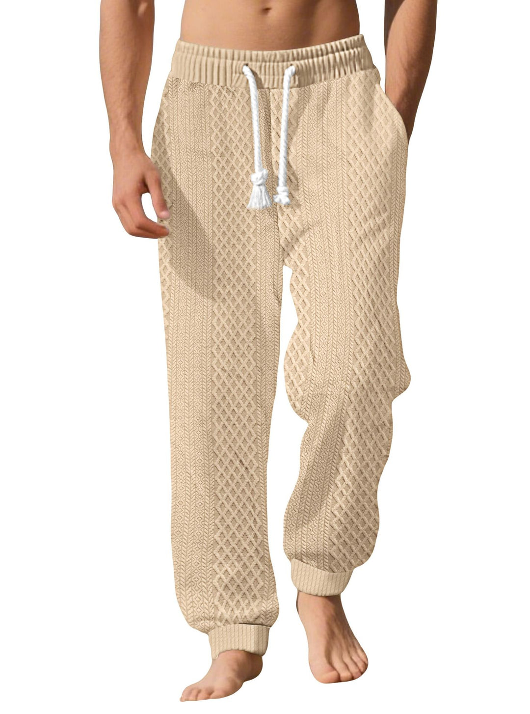 Herren nan gestrickte Wohlfühlhose mit Zopfstruktur, elastischem Bund, Kordelzug und Eingrifftaschen Drune
