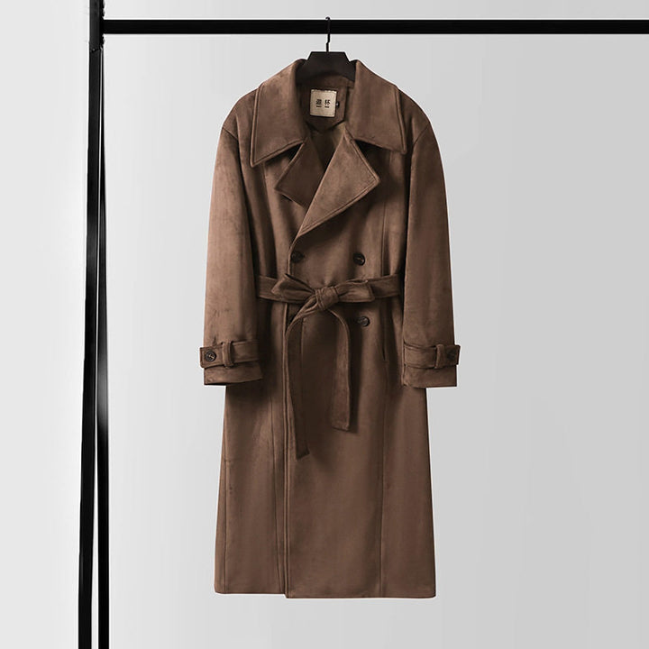 Herren Maxilanger Velours-Mantel im Trench-Look mit breitem Revers und Bindegürtel Drune