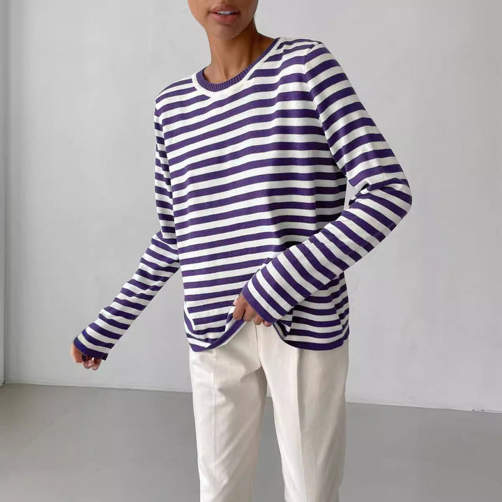 Damen nan gestreifter Baumwollpullover mit Rundhals und legerer Passform Drune