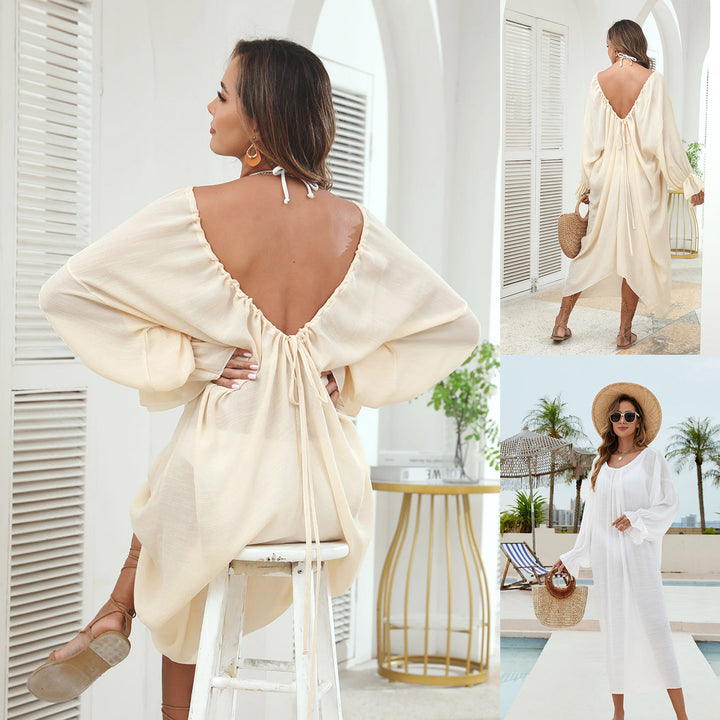 Damen elegante Bluse mit tiefem Rückenausschnitt und voluminösen Ärmeln Drune