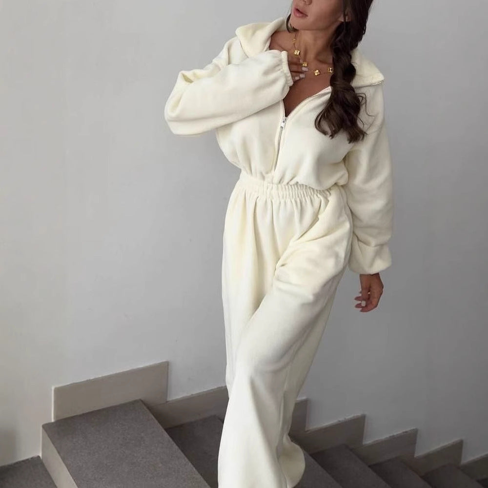 Damen kuscheliger Plüsch-Jumpsuit mit halbem Reißverschluss und elastischer Taille Drune