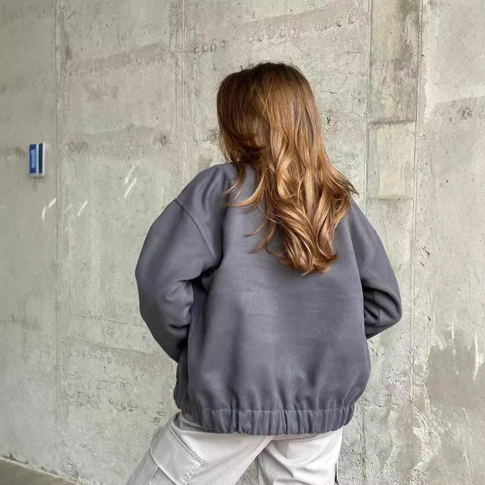 Damen Kurz geschnittene Bomberjacke aus Wollmix mit Druckknopfverschluss und elastischem Saum Drune