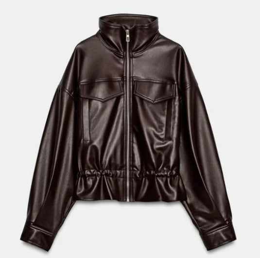Damen Cropped Kunstleder‑Blouson mit Stehkragen, Pattentaschen und Tunnelzugtaillierung Drune