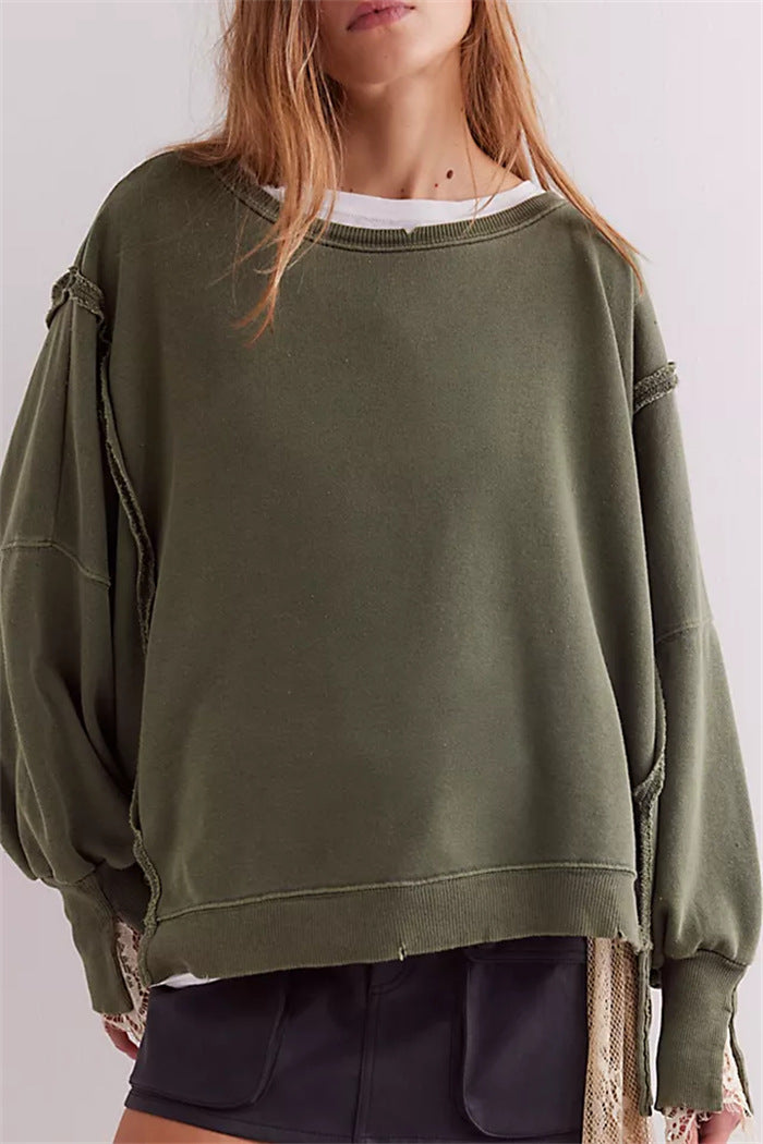 Damen oversized Sweatshirt mit Ballonärmeln, offenen Saumnähten und seitlichen Schlitzen Drune