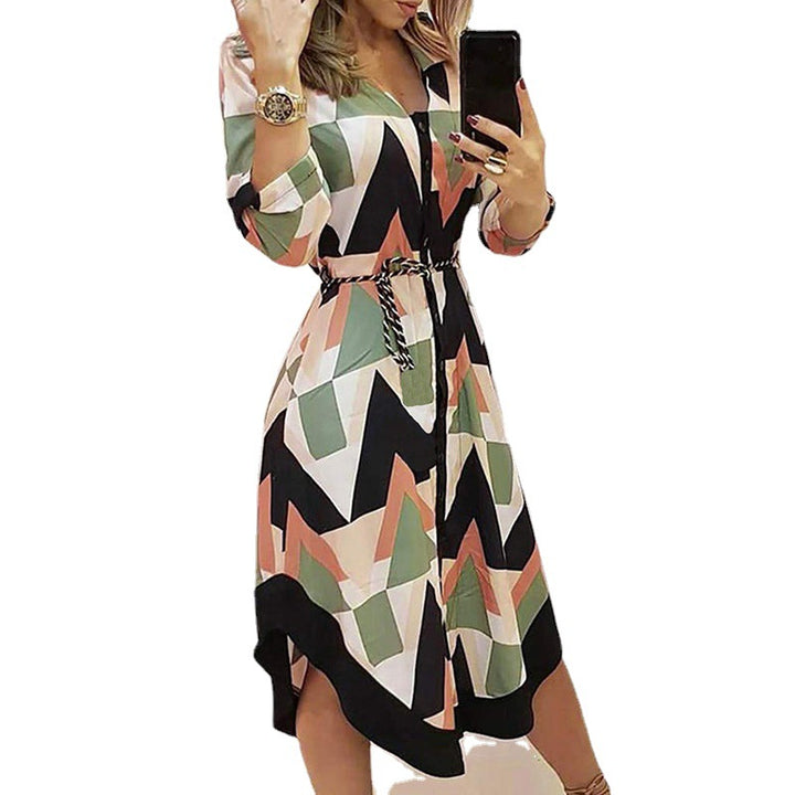 Damen Maxikleid mit modernem geometrischen Muster und eleganter Taillierung Drune