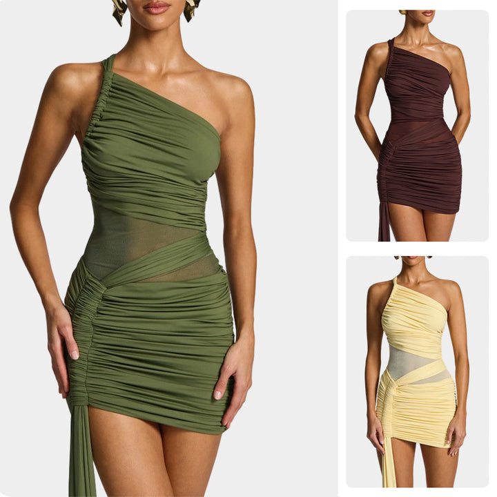 Damen Elegantes Ein-Schulter-Minikleid mit raffiniertem Drapierungsdesign und fließendem Rock Drune