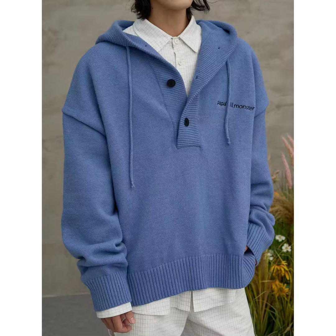 Herren Oversized Strickpullover mit Kapuze und Knopfleiste Drune