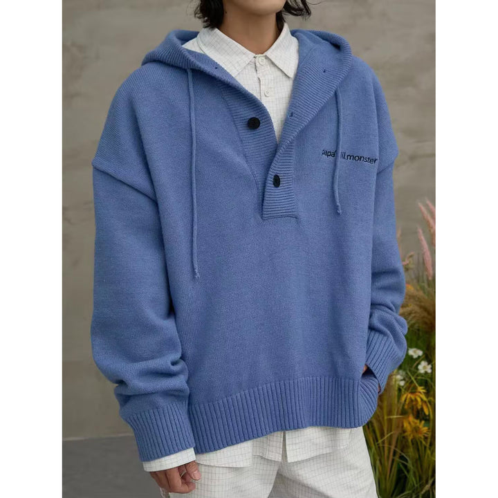 Herren Oversized Strickpullover mit Kapuze und Knopfleiste Drune