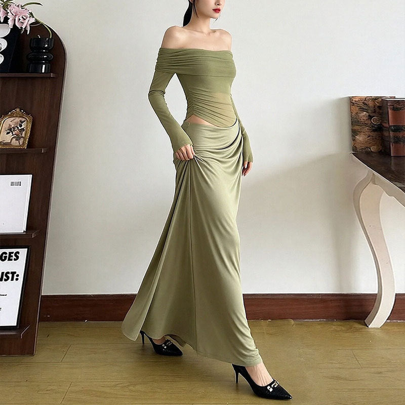 Damen Elegantes Off-Shoulder Maxikleid mit Rüschendetails und langem Arm Drune