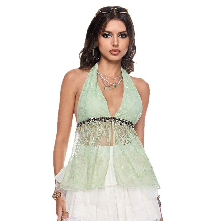 Damen Spitzen-Haltertop mit transparenter Struktur und verzierenden Details Drune