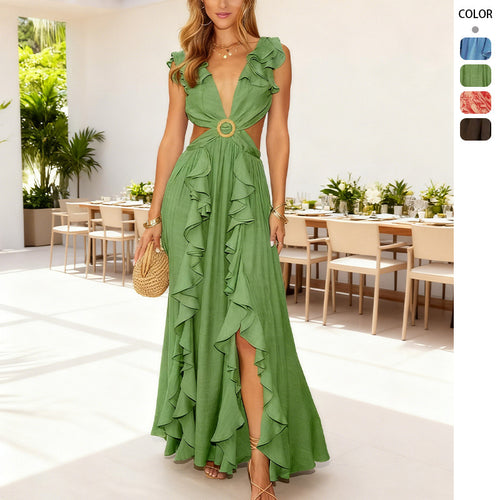 Damen Maxikleid mit voluminösen Rüschen und tiefem Schlitz Drune