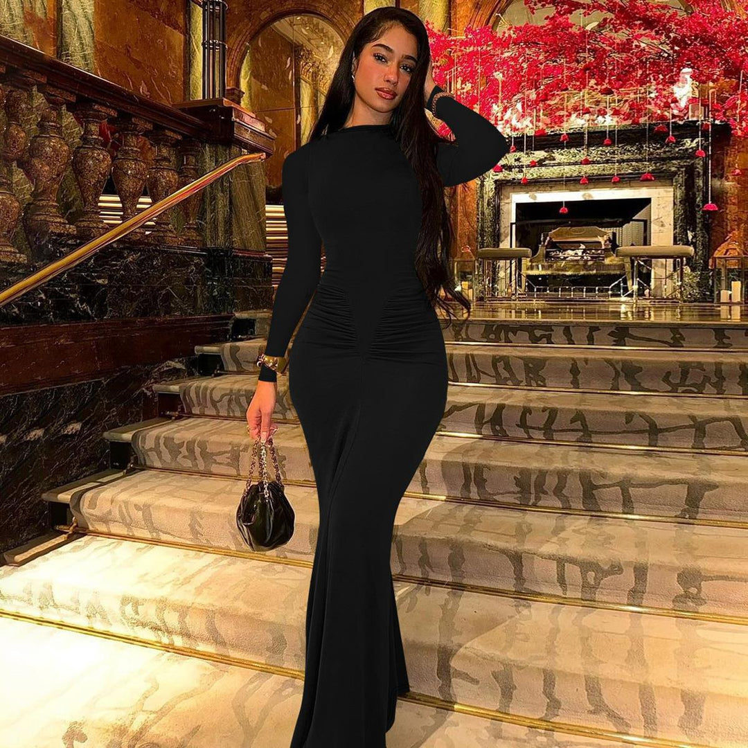 Damen Elegantes Maxikleid mit Raffungen und langem Arm Drune