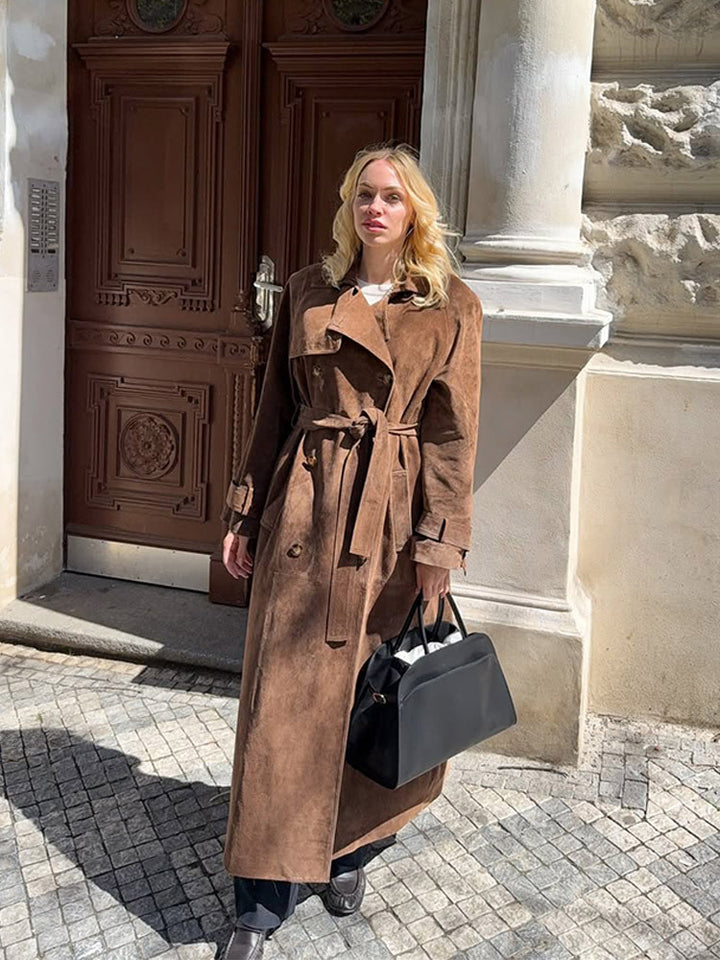Damen Maxilanger Veloursleder‑Trenchcoat mit Bindegürtel Drune