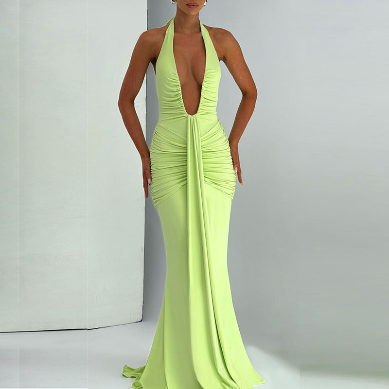 Damen Elegantes Maxikleid mit tiefem Ausschnitt und raffinierten Rüschendetails Drune