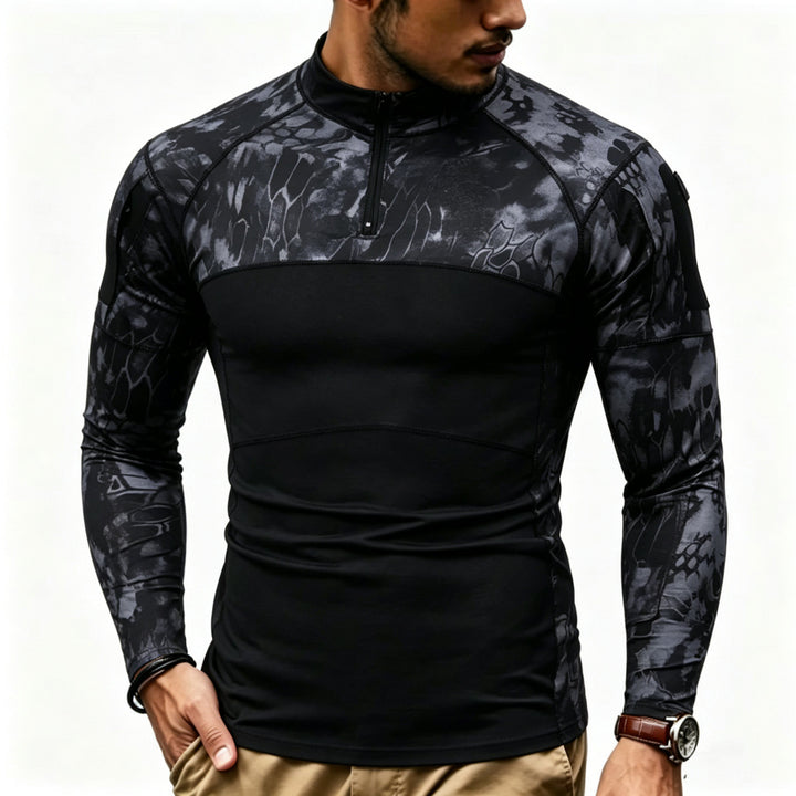 Herren Kompressions-Langarmtop mit Halbzip und taktischem Camouflage-Design Drune