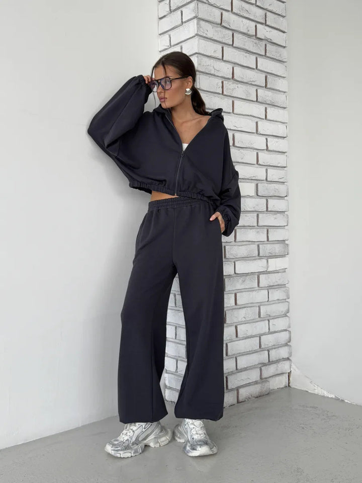 Damen lässiger Kapuzen-Sweater mit voluminösen Ärmeln und bequemen Jogginghosen Drune