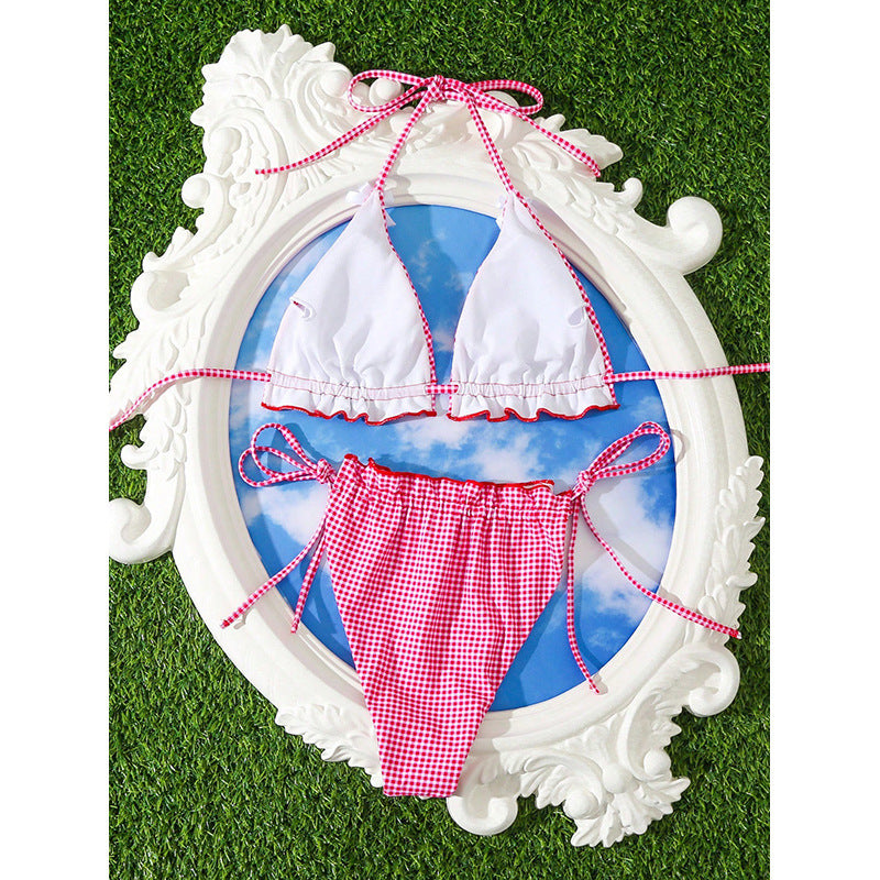 Damen Check-Muster Triangel-Bikini Set Drune
