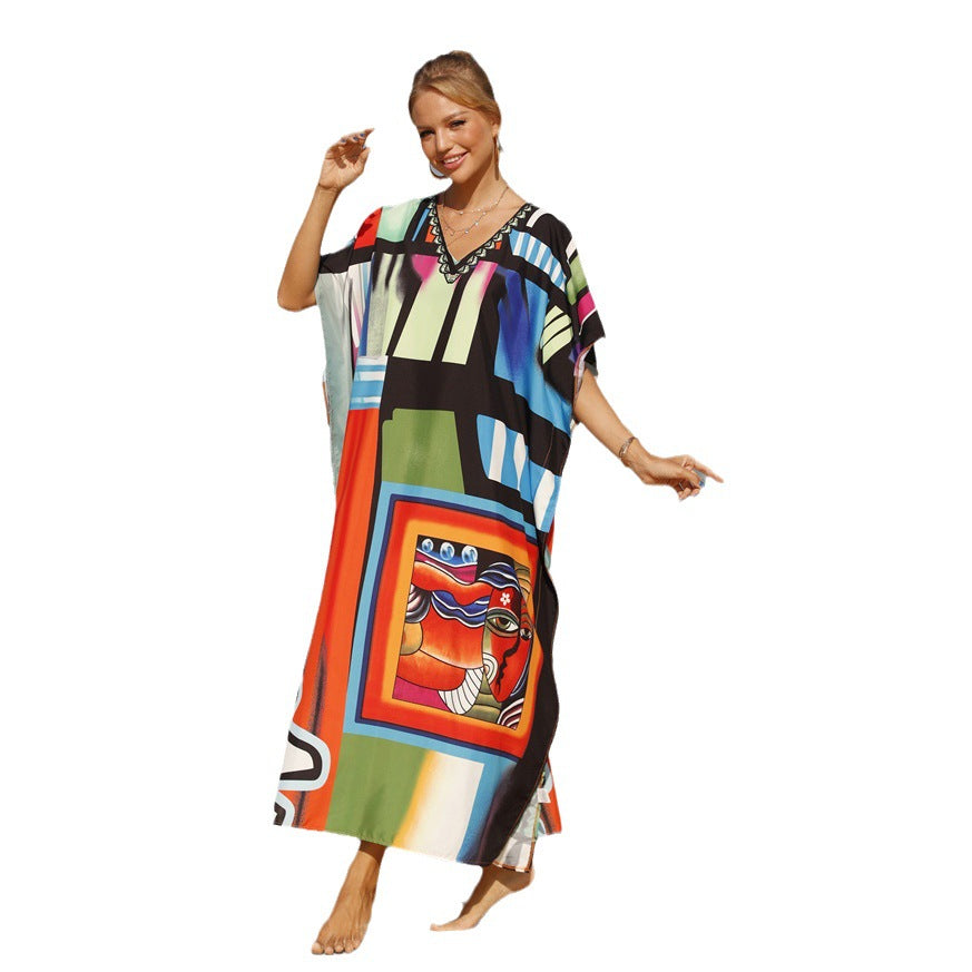 Damen Strandkaftan mit buntem grafischem Design und eleganten Akzenten Drune