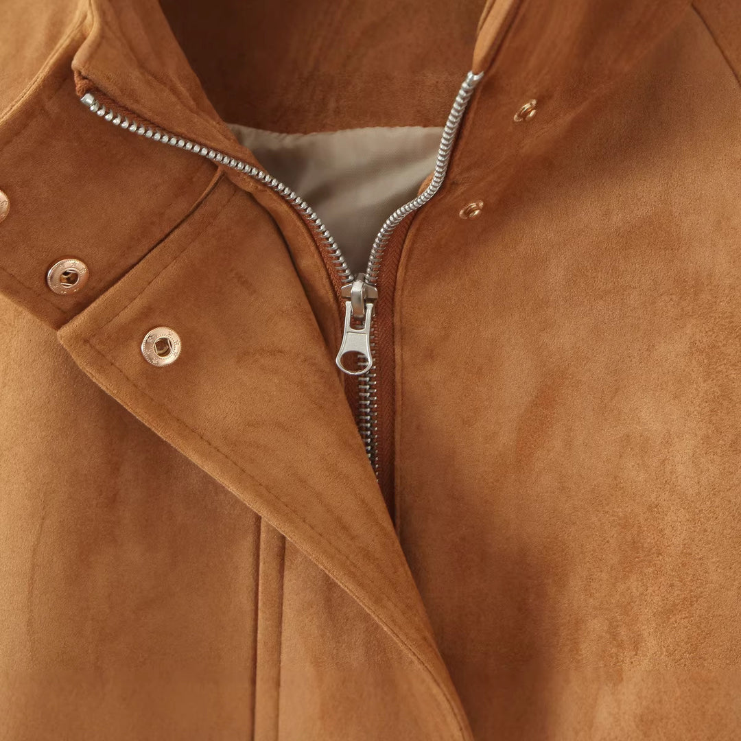 Damen Kurzjacke aus Wildleder mit Stehkragen, verdecktem Reißverschluss und Tunnelzug Drune