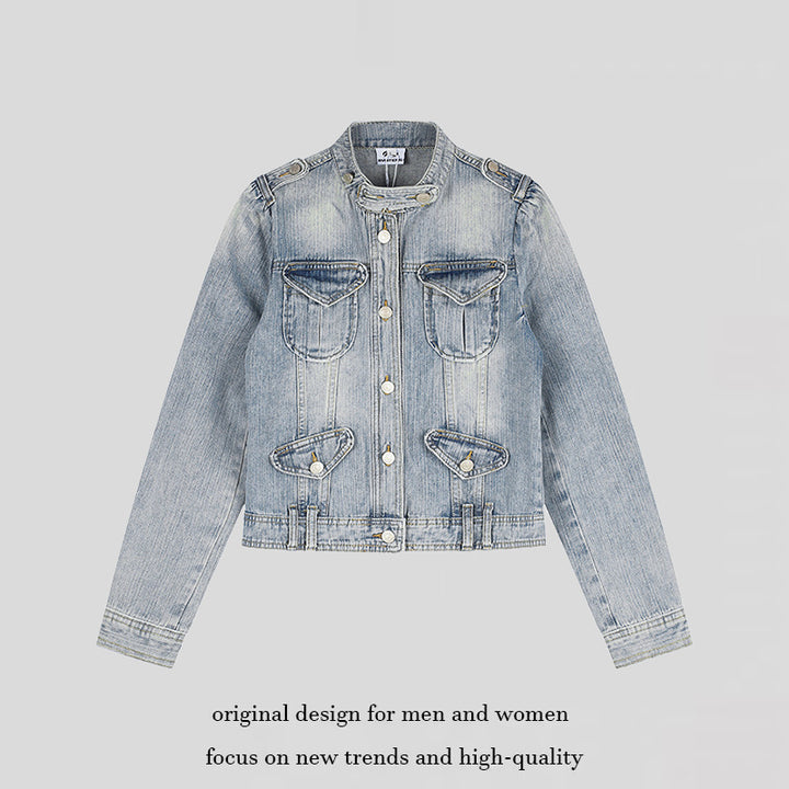 Damen Kurze Jeansjacke im Military-Stil mit Stehkragen, Schulterklappen und Pattentaschen Drune