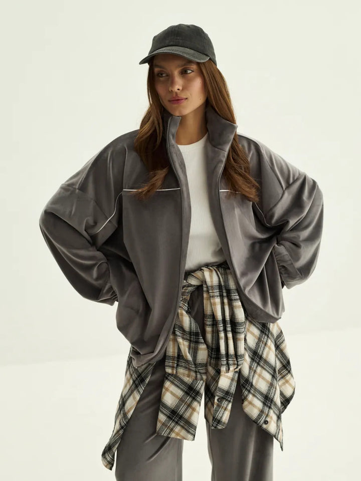 Damen Palazzo-Lounge-Set aus seidig-weichem Nicki mit hoher Kragenblende, Oversize-Passform und elastischer Bundhose Drune
