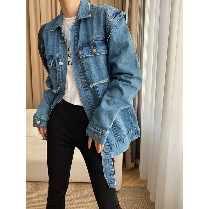 Damen lässige Denim-Übergangsjacke mit modischen Knopfdetails und aufgesetzten Taschen Drune