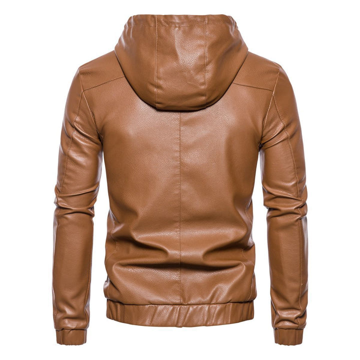Herren Kapuzen-Lederjacke im Bikerstil mit Reißverschluss und schmaler Silhouette Drune