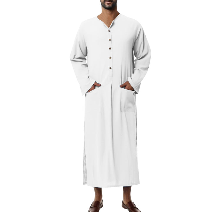 Herren nan weites langes Tunika-Kaftan aus atmungsaktivem Leinen mit Stehkragen Knopfblende und aufgesetzten Taschen Drune