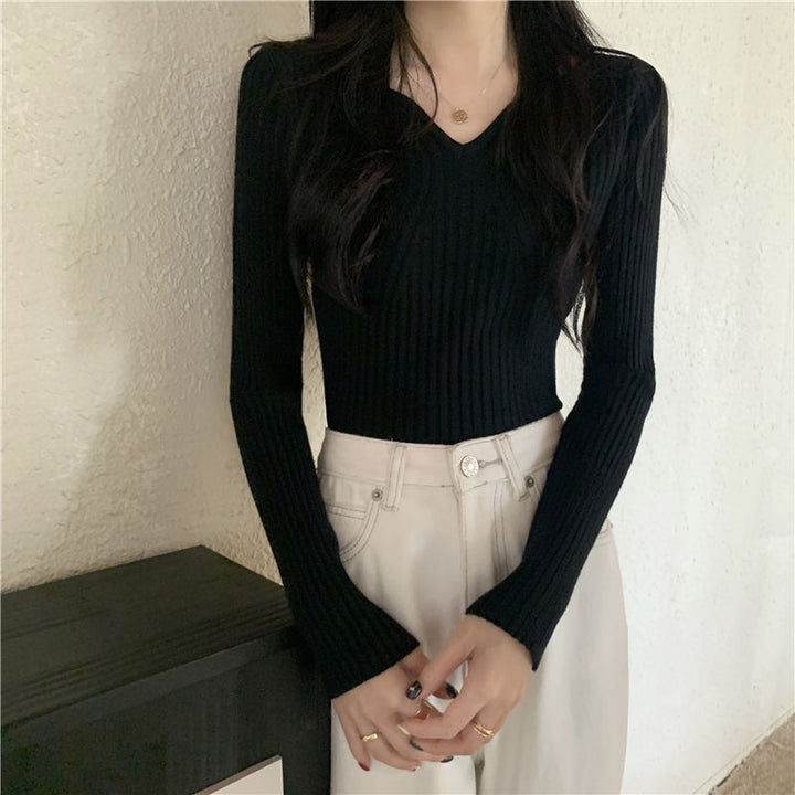 Damen V-förmiger Feinstrickpullover mit Rippstruktur Drune