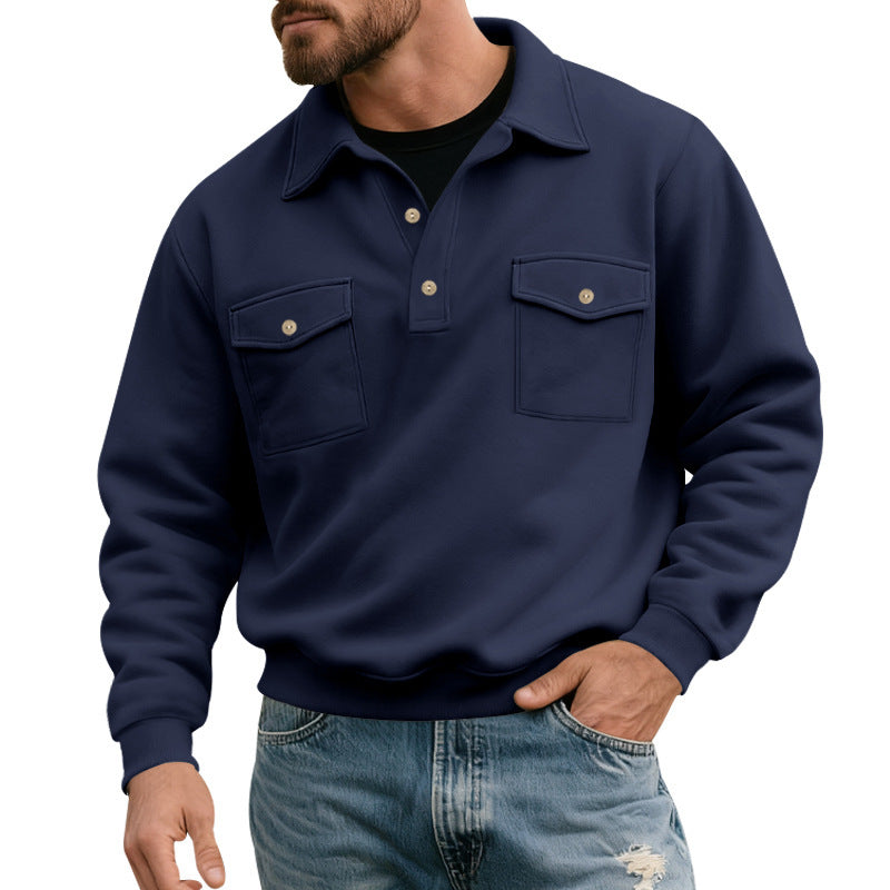 Herren nan legerer Button-Polo-Sweatshirt mit aufgesetzten Brustklappen und gerippten Bündchen Drune