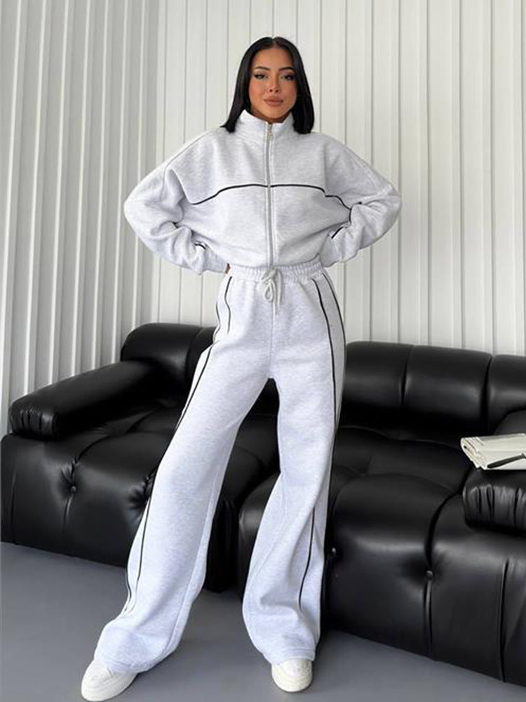 Damen nan Oversize Trainingsanzug Set mit Reißverschluss hohem Kragen und Kontrastpaspeln Drune