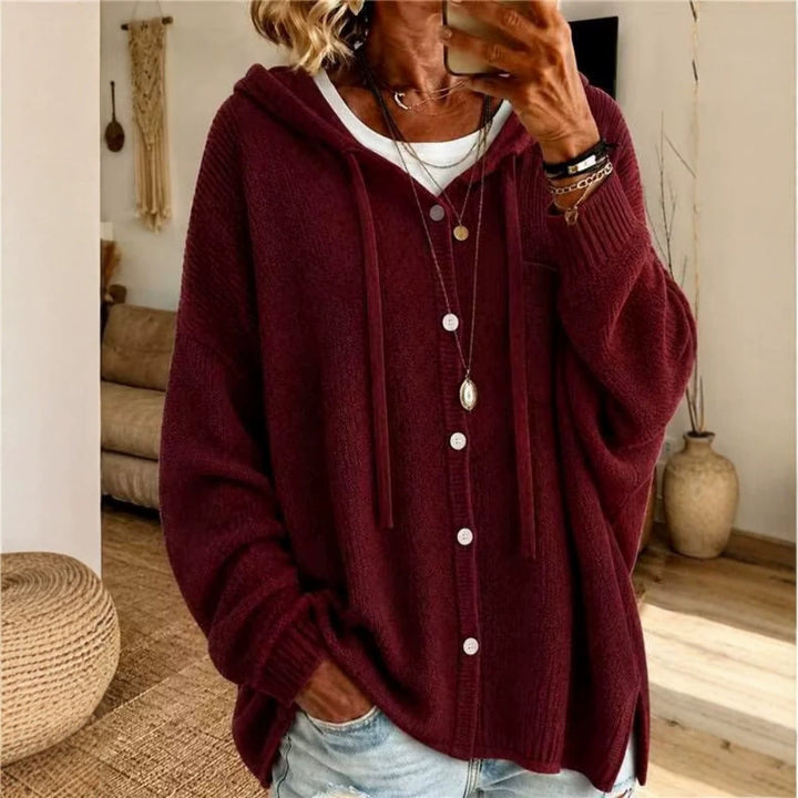 Damen Kapuzen-Cardigan aus strukturiertem Feinstrick mit Knopfleiste Drune
