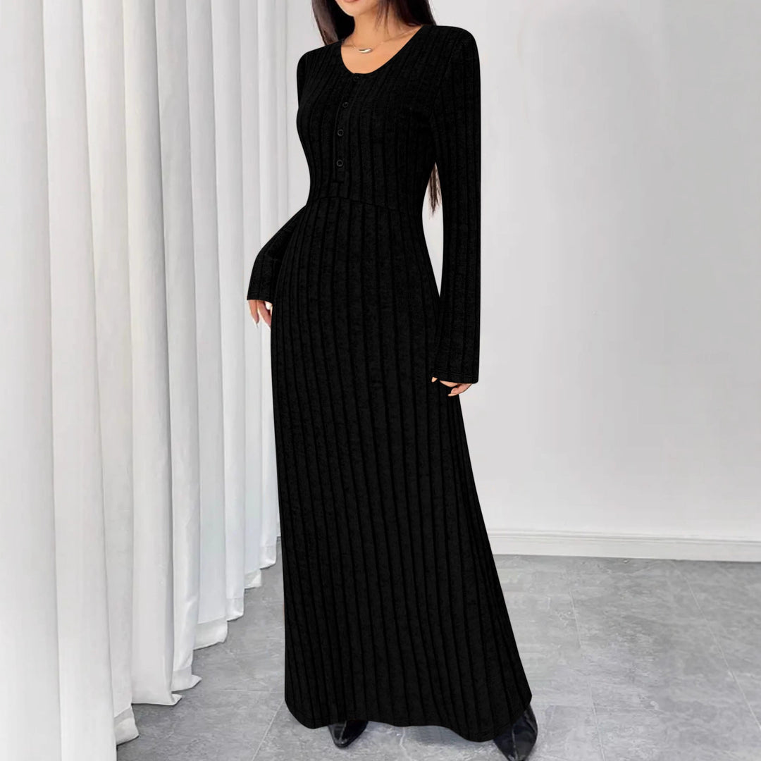 Damen Geripptes Maxi-Strickkleid mit Taillennaht und Knopfleiste Drune