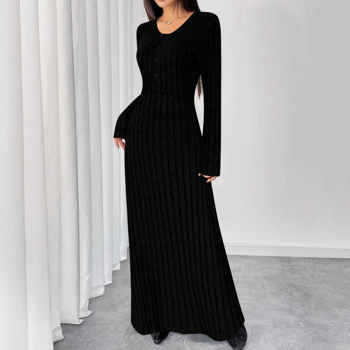 Damen Geripptes Maxi-Strickkleid mit Taillennaht und Knopfleiste Drune
