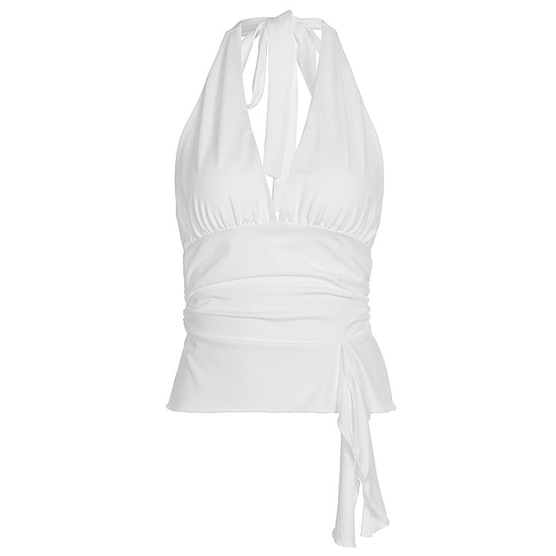 Damen elegantes Wickeloberteil mit Halterneck und Raffung Drune