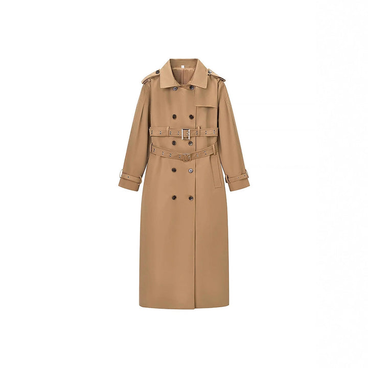 Damen nan langer taillierter Trenchcoat mit doppeltem Gürtel und Schalkragen Drune