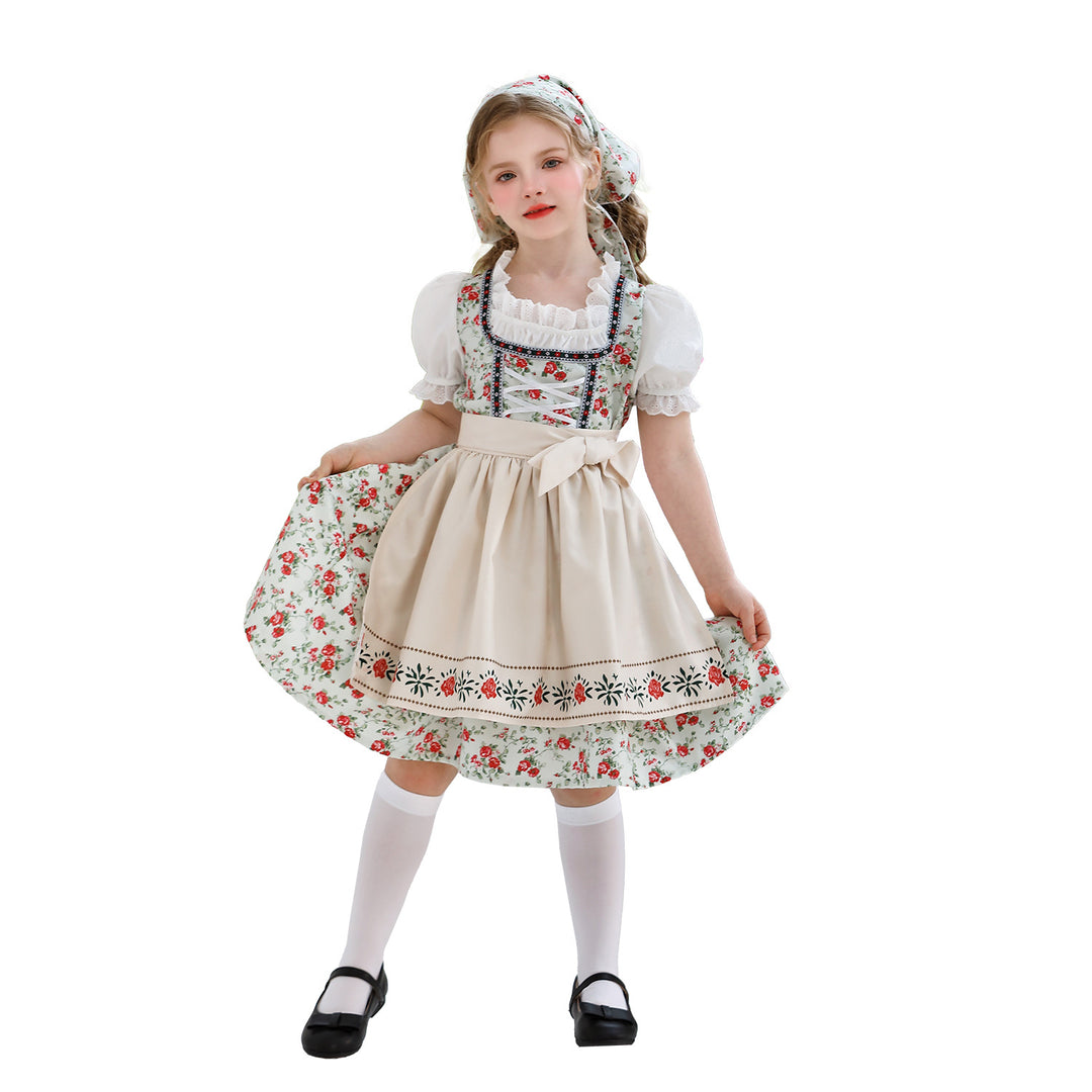 Damen nan traditionelles Dirndlkleid für Mädchen mit bestickter Schürze, Rüschenkragen und passendem Kopftuch Drune