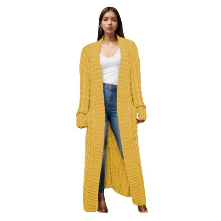 Damen Langer Strickcardigan mit strukturiertem Zopfmuster und praktischen Taschen Drune