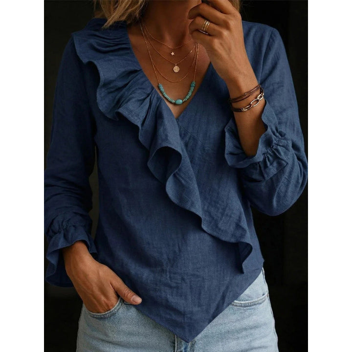 Damen Volant‑Bluse im Leinenlook mit Wickeloptik und asymmetrischem Zipfelsaum Drune
