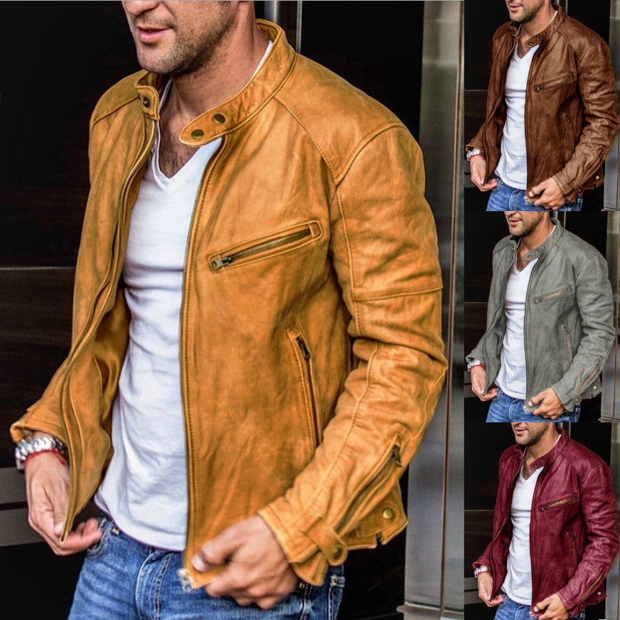 Herren Biker-Lederjacke aus gewaschenem Vollleder mit Stehkragen Drune