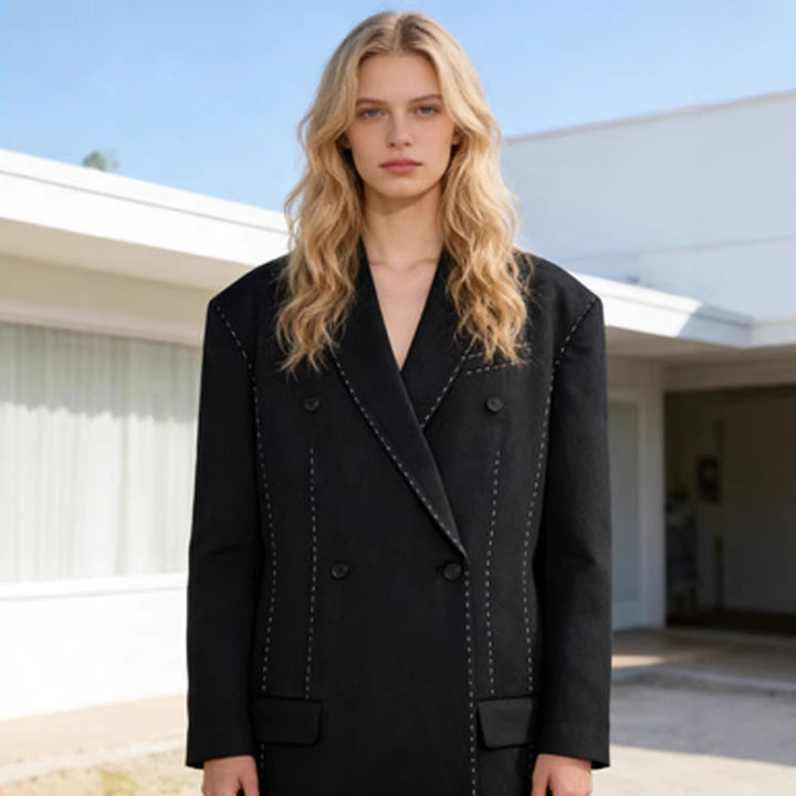 Damen Doppelreihiger Oversize-Mantelblazer mit markanter Schulterpartie & Ziersteppungen Drune