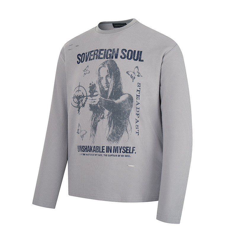 Herren Langarmshirt im Waffelstrick mit Vintage-Grafik und Relaxed-Fit Drune