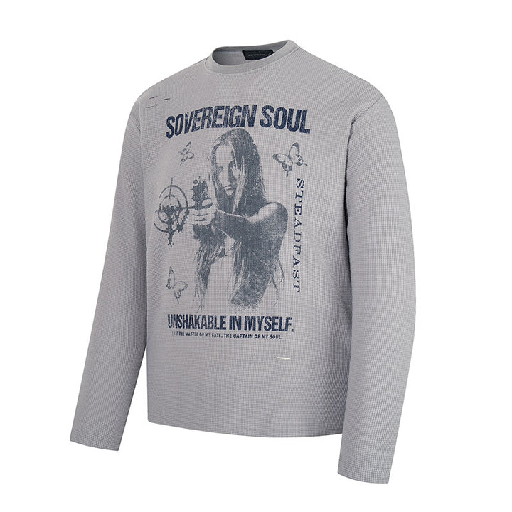 Herren Langarmshirt im Waffelstrick mit Vintage-Grafik und Relaxed-Fit Drune