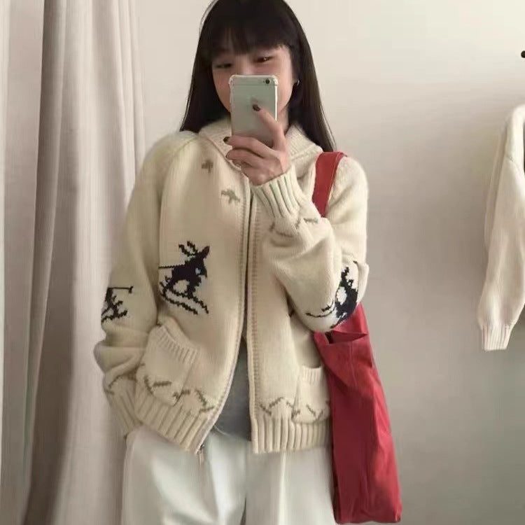 Damen Kuschelige Strickjacke mit tierischem Muster und Reißverschluss Drune