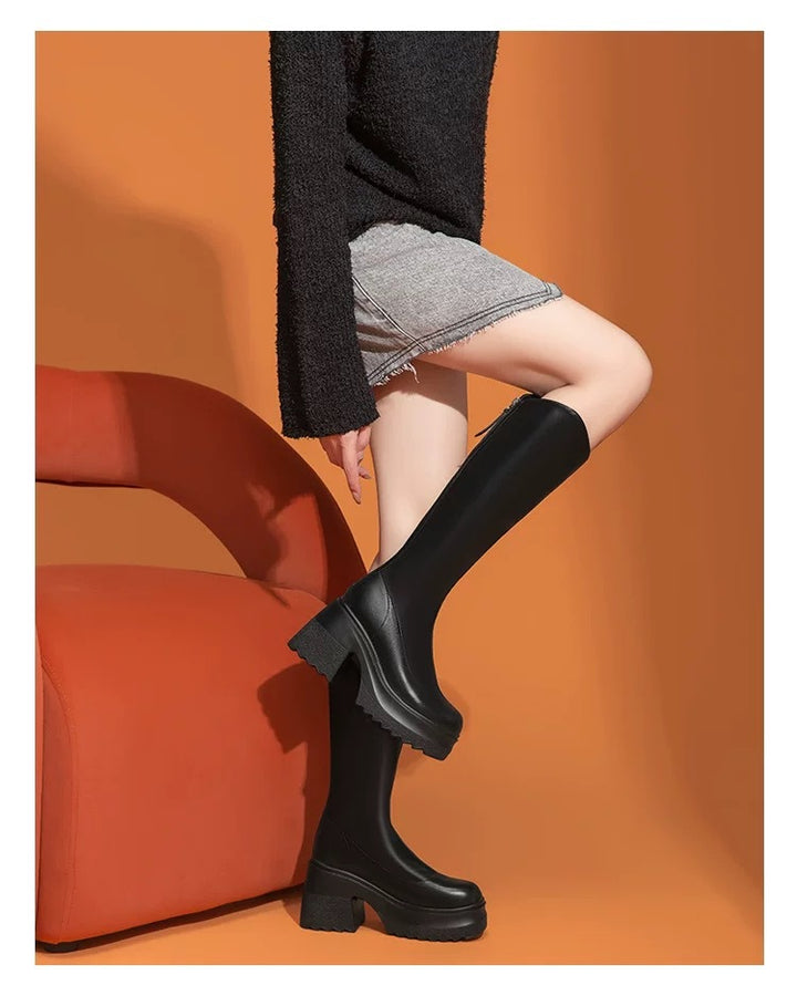Damen modische Overknee-Stiefel mit robustem Blockabsatz und flexiblem Sohlenprofil Drune