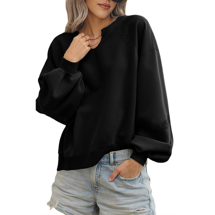 Damen Lässiges Sweatshirt mit V-Notch, Spitzeneinsätzen und Ballonärmeln Drune