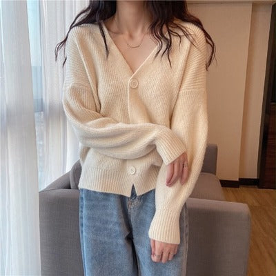 Damen lässige Strickjacke mit V-Ausschnitt und großen Knöpfen Drune